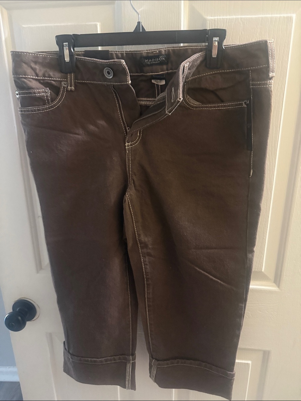 Madison Chocolate Brown Cropped Pants with White Contrast Stitching